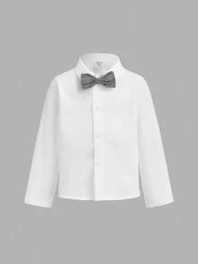 小男孩三件套西装：卡其色背心、松紧腰裤、领结和长袖衬衫，绅士风，春夏