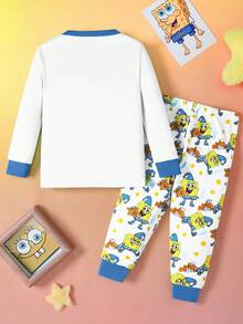 SpongeBob SquarePants | SHEIN Bộ đồ ngủ dài tay cổ tròn họa tiết hoạt hình kèm quần dài dệt kim thoải mái co giãn thường ngày cho bé trai - trắng - Xem 2