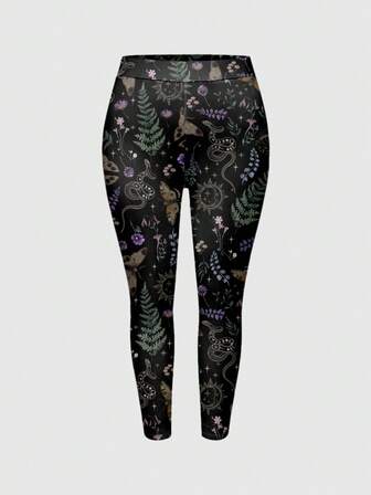 Goth سروال ضيق نسائي بطبعات فطر غوثي داكن، شمس، قمر، نجوم، فراشة