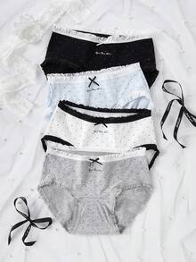 女童波点蝴蝶结蕾丝边中腰三角裤，适合青少年和年轻女孩的运动内裤