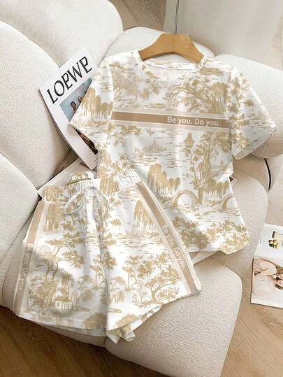 Franclia 做你自己。做你自己。复古风景印花女士休闲两件套夏季套装