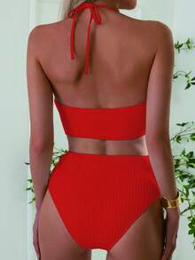 Swim SXY 2026春夏纯色红色银色圆环露背交叉深V领性感露背短款比基尼泳衣 - 紅色 - 查看 2