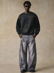 STYNVO Men's Casual Rhinestone Spider Web Pattern Round Neck Drop Shoulder Sweatshirt, Autumn Mens Y2k Clothing Sweater Men - Black - View 3