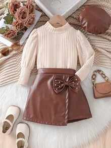 秋冬新款欧美风女童两件套：高领串珠花瓣袖罗纹针织上衣+PU皮裙+贝雷帽，时尚套装 - 棕色 - 查看 3