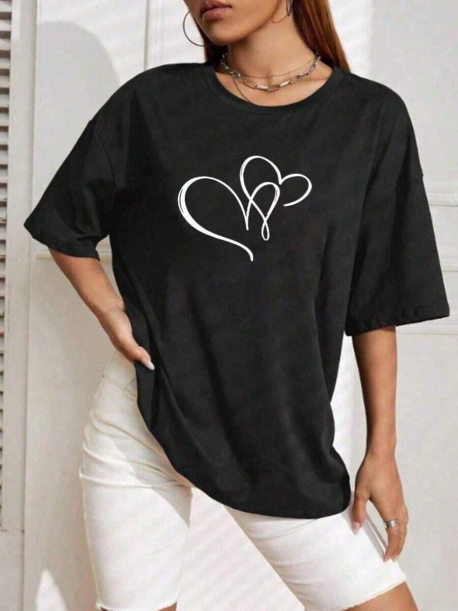 Camiseta de mujer incluso pluma amor impresión primavera y verano casual suelta cuello redondo manga corta - Negro - Ver 1