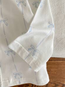 Baby Girls Pajamas-2 Piece Pajama SetWhite Light Blue Bow Print Round Collar Long Sleeve Button Front Long Pants Sleepwear Two Piece Outfit Soft Breathable Gentle Skin Friendly Four Season New Year 2026 Essential Baby Pajamas Cute Pj Set - Blue - View 6