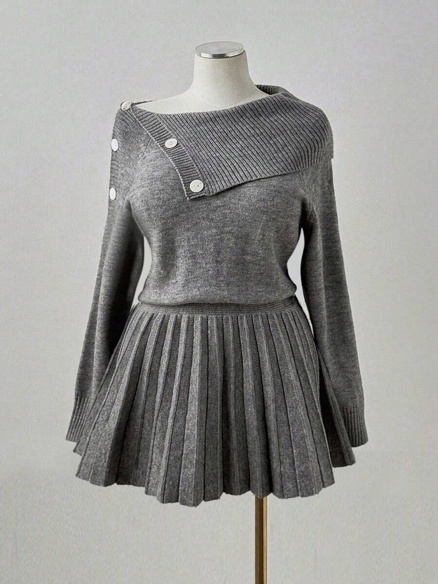 Sunspun 新款秋冬性感俏皮翻领百褶下摆针织连衣裙 - 灰色 - 查看 1