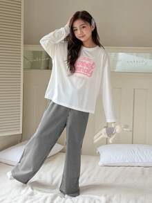 DAZY 2件套少女圆领印花长袖T恤+条纹梭织裤家居服套装，秋季 - 白色 - 查看 4