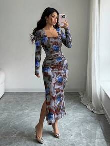 Elenzga 女士新款优雅奢华派对连衣裙，渐变花卉印花，方领，褶皱设计，修身剪裁，高开衩，长袖，半透明，适合万圣节、圣诞节、感恩节、新年、毕业季等场合，灰色花卉图案 - 彩色 - 查看 5