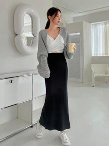 Dazy Tall 高个女式优雅长款直筒裙毛衣 - 黑色 - 查看 3