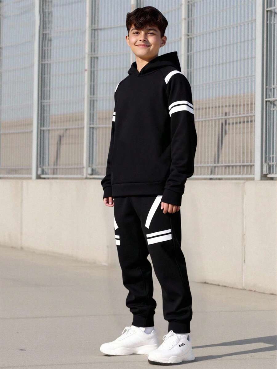 Vacaura 2 件青少年连帽条纹印花抽绳踝袖运动裤套装，适合日常穿着的休闲装，春秋季