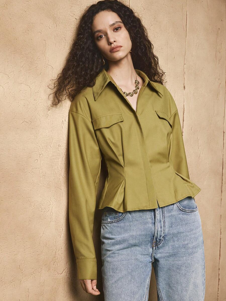 Aveloria Damen Jacke aus gewebter Baumwollmischung mit Hemdkragen und Reißverschluss, mit Fake-Taschen, geeignet für den täglichen Arbeitsweg - Senfgelb - Übersicht 1