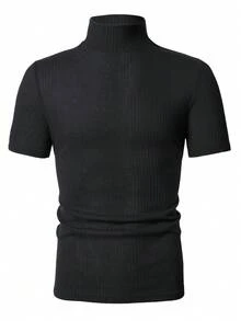 Manfinity Homme Men's Solid Color Ribbed Short Sleeve T-Shirt, Fall - Black - View 3