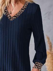 EMERY ROSE Women's Leopard Print & Solid Color Patchwork V-Neck Long Sleeve Dress - Multicolor - View 4