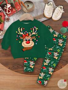Baby Girl Christmas Outfit,Cute Modest Dark Green Autumn Reindeer Snowflake Fair Isle Knit Sweatshirt And Leggings Set For Matching Family Festive - Multicolor - View 2