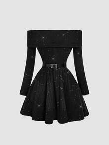 SHEIN MOD 酒红色亮面露肩系腰短裙 - 黑色 - 查看 5
