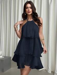 Firerie 优雅浪漫的露背层叠下摆白色欧根纱吊带泡泡袖连衣裙，适合情人节穿着 - 藏蓝色 - 查看 3