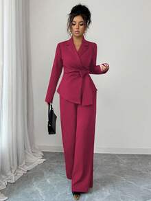 SHEIN Elenzya 女款優雅酒紅色兩件套，秋季長袖繫帶前襟V領裹身上衣搭配寬鬆直筒長褲，職場辦公專業套裝 - 玫紅色 - 查看 3