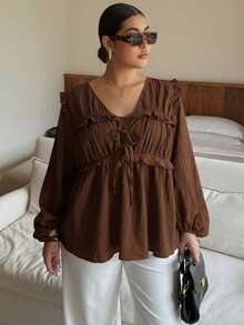 Dripcurv 大码女式纯色休闲系带上衣 - 棕色 - 查看 7