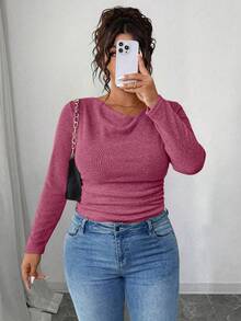 Elenzga RosyDaze Women Plus Size Vintage Asymmetric Draped Neck Textured Ruffle Trim Fitted Long Sleeve Top