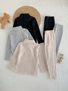 Loomiva Set de 6 piezas Suéter de cuello alto de manga larga y pantalón de cintura elástica con diseño jacquard suave para niño pequeño - Multicolor - Ver 2