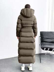 EURMUSE Iconic A Shape Silhouette Zip Up Hooded Padded Long Extra Warm Winter Coat - Mocha Brown - View 2