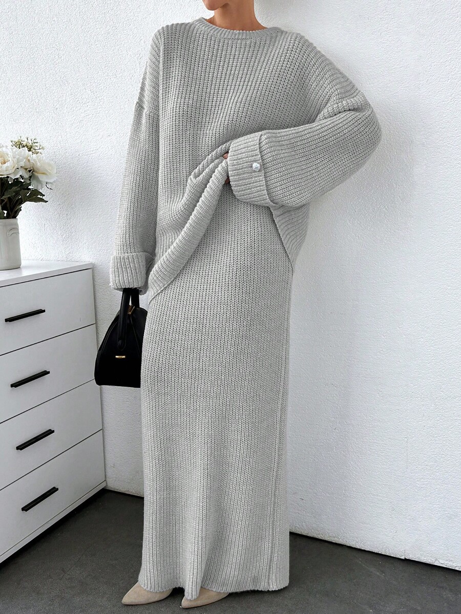 SHEIN Cottnline Plus Women Solid Color Chunky Sweater & Sweater Skirt Set - Grey - View 1