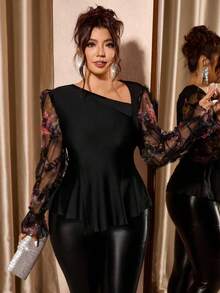 Cravure Áo cánh nữ cỡ lớn cổ áo bất đối xứng tay áo thêu viền bèo nhún thời trang thanh lịch - màu đen - Xem 3