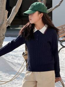 DAZY 少女条纹高领长袖休闲毛衣，秋冬季 - 藏蓝色 - 查看 3