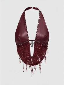 ROMWE Grunge Punk Y2K 坏女孩音乐节服装金属十字架吊坠 PU 拼接渔网串珠露背吊带女装套装 - 酒紅色 - 查看 8