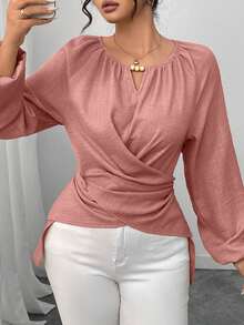 Elenzga Women's Beaded Wrap-Style Cinched Waist Shirt, Autumn/Winter - Baby Pink - View 3