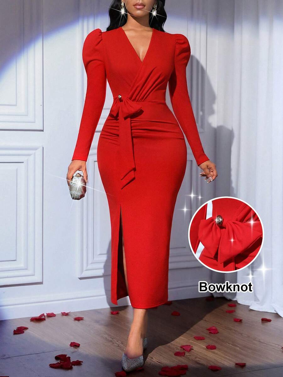 SHEIN Lady فستان نسائي أنيق بلون سادة مقسوم ضيق متوسط الطول - الأحمر - مشاهدة 1