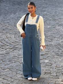 SHEIN EZwear Women's Fashion New Blue Striped Loose Women Denim Bib Pants For Going Out Outfits, Back To School, Streetwear,Y2K Clothes - Blue - View 4