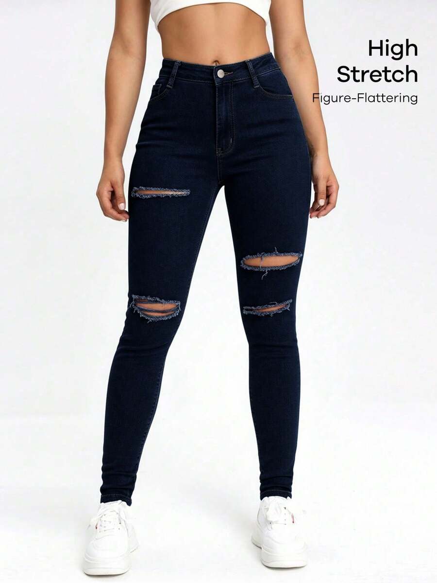 SHEIN ICON Black Slant Pocket Ripped Skinny Jeans - Dark Wash - View 1