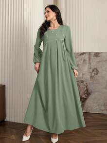 Al Najma 女士优雅长袖阿拉伯长袍，饰有串珠，A字型设计，适合日常休闲穿着。 - 綠色 - 查看 6