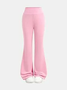 SHEIN Serisse Kids Tween Girls Casual Solid Color Long Sleeve Top Tee And Flared Pants 2Pieces Set, Suitable For Autumn/Winter, Daily Wear Girls Pants Suit Casual Two Piece Set Pink Two Piece Set - Watermelon Pink - View 7