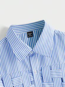 EASEVO Plus Size Men's Striped Print Button-Front Blue Woven Long Sleeve Shirt - Blue - View 6