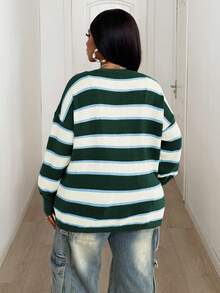 Maweii Áo khoác cardigan dài tay họa tiết sọc màu tương phản cổ chữ V sâu cỡ lớn dành cho nữ mùa đông, rộng rãi và thoải mái - Nhiều màu - Xem 2