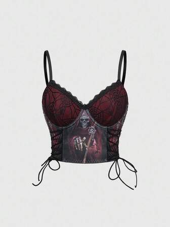 Soutien-gorge à armatures avec laçage style gothique et motif d'horreur pour femmes