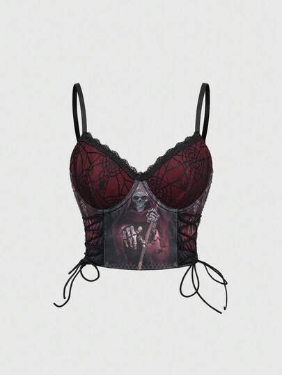 Women's Gothic Horror Pattern Underwire Lace-Up Bra