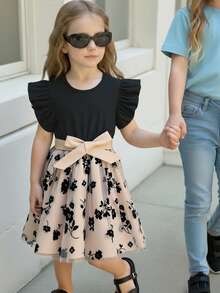 Elladie kids 優雅迷人的年輕女孩夏季連衣裙包括圓領蕾絲蓬蓬網裙帶蝴蝶結腰帶 - 黑色 - 查看 3