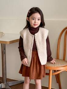 Genkimix Kids Genkimix Young Girl Casual Solid Color Faux Wool Vest Jacket,Versatile Apricot Outerwear,Suitable For Outings,School,Indoor Casual Wear Fall Winter - Apricot - View 3