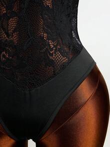 Mistrie 女士蕾丝性感透视长袖连体衣，带纽扣设计 - 黑色 - 查看 4