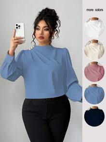 Elenzga Blusa de mujer talla grande con cuello con volantes, decoración de botones metálicos y mangas farol, elegante y adecuada para el trabajo, primavera/otoño - Azul - Ver 1