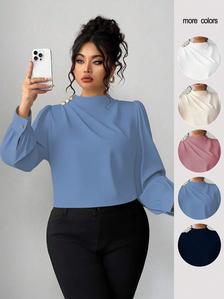 Elenzga Blusa de mujer talla grande con cuello con volantes, decoración de botones metálicos y mangas farol, elegante y adecuada para el trabajo, primavera/otoño - Azul - Ver 1