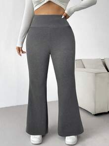 SHEIN EZwear 大码女式弹力腰喇叭裤，带保暖内衬，深灰色 - 深灰色 - 查看 5