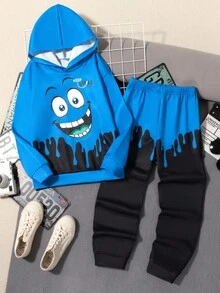 SHEIN Fantacosmos 2pcs Tween Boy Cartoon Print Hoodie Sweatshirt And Straight Casual Pants Set - Blue - View 5