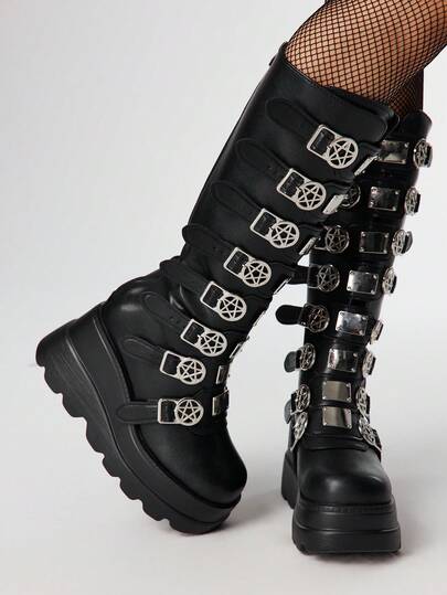 Grunge Punk Women's Black Round Toe Platform Goth Punk Lace-Up Knee-High Boots With Rivet Five-Pointed Star Buckle