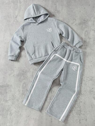 SHEIN Coolqubz 2 st/set Pojkar Trendig Huvtröja Med Fickor & Randiga Patchworktryck Raka Byxor, Fritidskläder Utomhus, Vår/Höst/Vinter