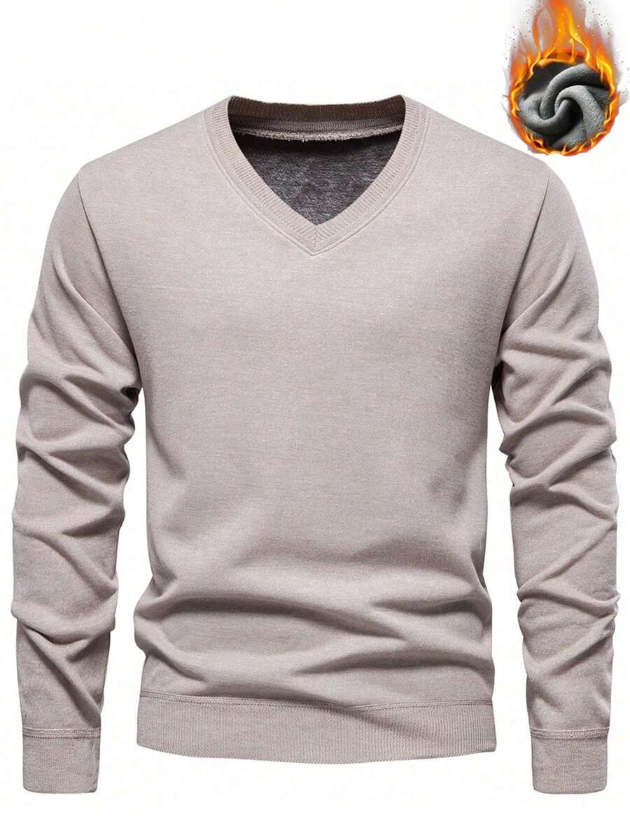 Manfinity Mode 男士纯色V领针织保暖内衬毛衣，秋冬季保暖长袖上衣